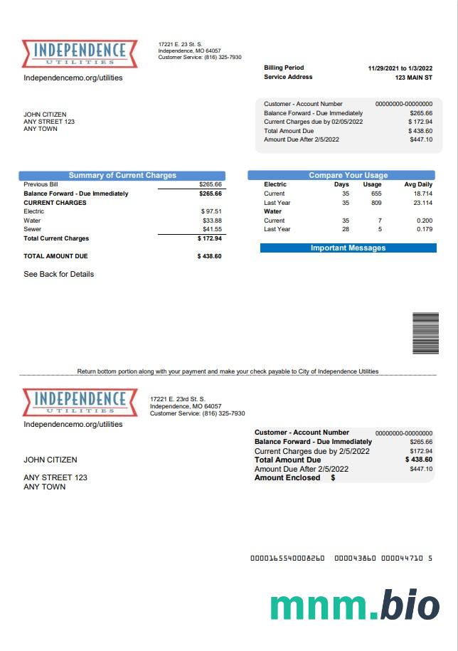 USA Missouri Independence Utilities rachunek za media szablon w formacie Word i PDF